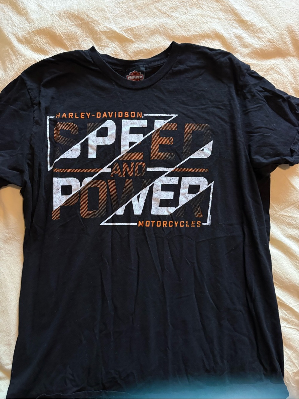 Harley-Davidson Black T‑Shirt with White and Orange 'Speed and Power' Graphic